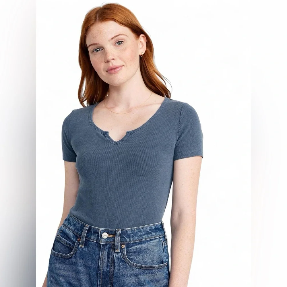Old Navy Blue V Neck Short Sleeve Top SZ L - Picture 1 of 5